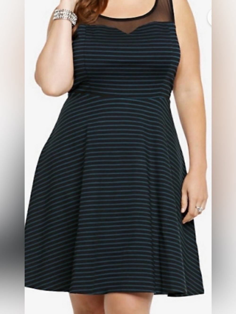 Torrid women’s Plus Size 4 (4x) Black & Teal Striped Mesh Yoke Fit & Flare Dress